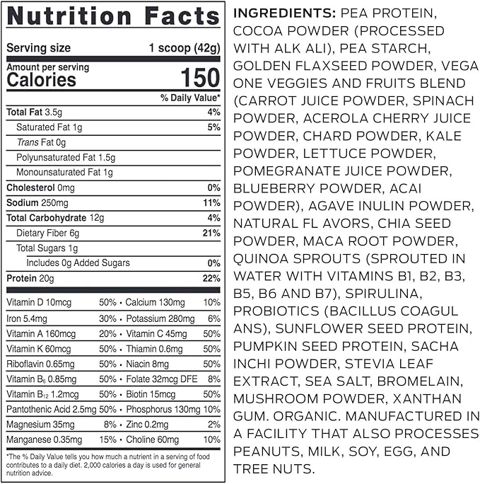 Vega Organic All-in-One Vegan Protein Powder, Chocolate - Superfood Ingredients, Vitamins for Immunity Support, Keto Friendly, Pea Protein for Women & Men, 13.2 oz (Packaging May Vary)