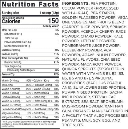 Vega Organic All-in-One Vegan Protein Powder, Chocolate - Superfood Ingredients, Vitamins for Immunity Support, Keto Friendly, Pea Protein for Women & Men, 13.2 oz (Packaging May Vary)