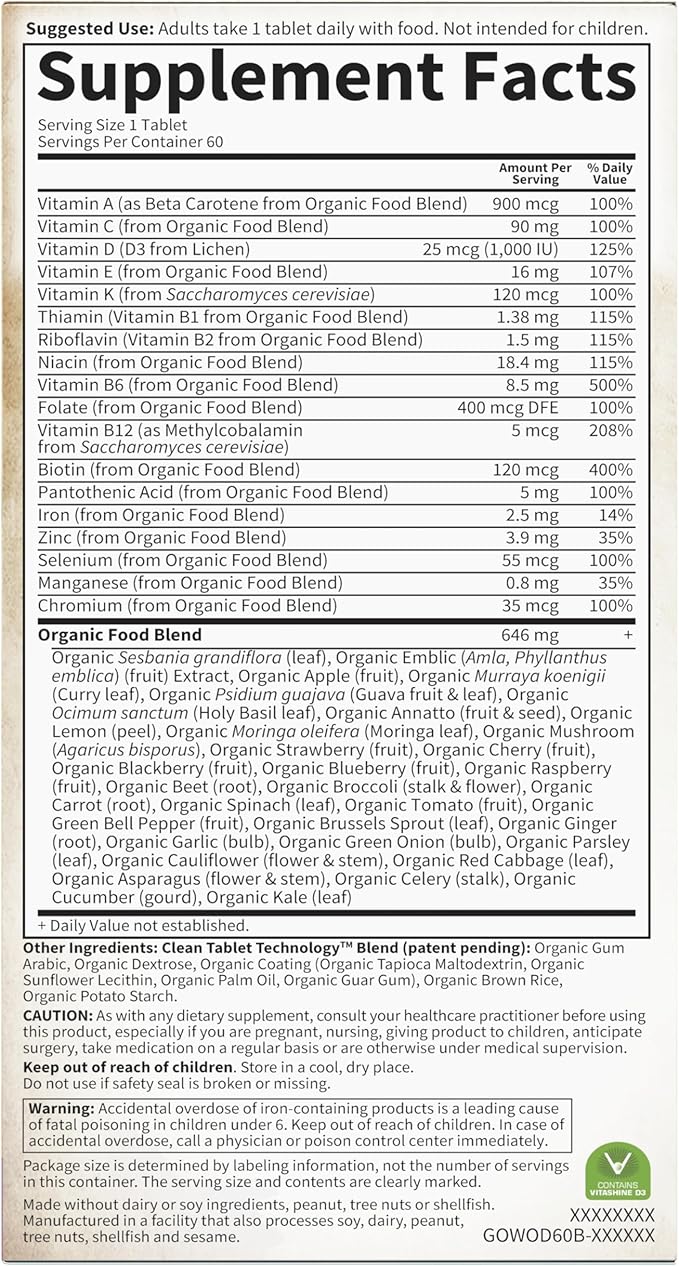 Garden of Life Organics Multivitamin for Women - Women's Once Daily Multi - Whole Food Multi with Iron, Biotin, Vegan Organic Womens Multivitamin for Health, Energy Hair Skin and Nails, 60 Tablets