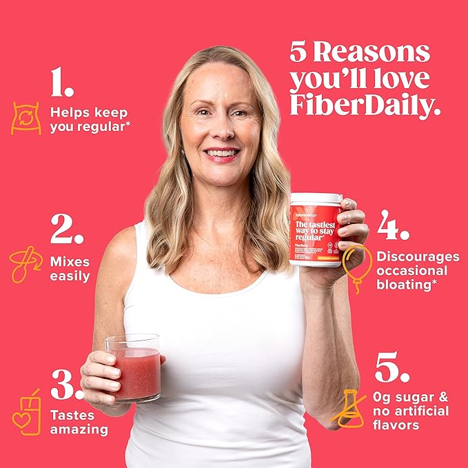 FiberDaily Delicious Fiber Powder - Organic Psyllium Husk, Agave Inulin & Sunfiber® Guar Gum Strawberry Lemonade Drink, Sugar-Free, Soluble Fiber, Prebiotic Fiber Supplement, Vegan, 30 Servings