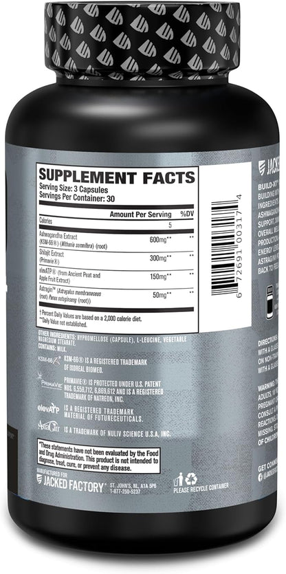 Jacked Factory Build-XT 50+ Daily Muscle Builder - Muscle Recovery Supplement & Muscle Builder for Men and Women with KSM-66 Ashwagandha, Primavie Shilajit, ElevATP, & Astragin - 90 Count