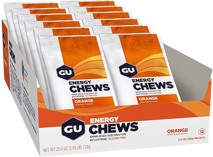 GU Energy Chews, Orange Energy Gummies with Electrolytes, Vegan, Gluten-Free, Kosher, Caffeine-Free, and Dairy-Free On-The-Go Energy for Any Workout, 12 Bags (24 Servings Total)
