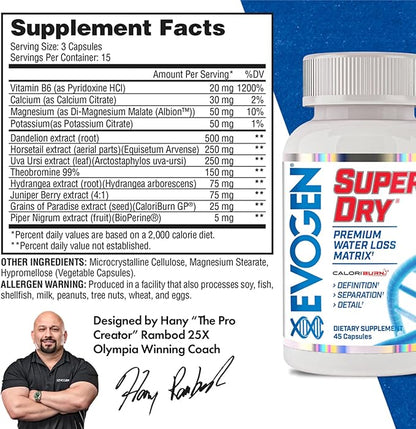 Evogen Super Dry - Premium Water Loss Matrix for Muscle Definition | Natural Diuretic Water Pills Supplement Supporting Water Weight Loss, Reduced Water Retention, & Bloating Relief | 45 Capsules