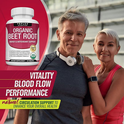 Organic Beet Root Powder Tablets - 2040mg Natural Nitric Oxide Beets to Support, Energy, Black Pepper Better Absorption, Non-GMO, for Men Women, 90 Tablets