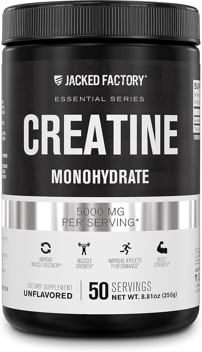 Jacked Factory Creatine Monohydrate Powder 250g - Creatine Supplement for Muscle Growth, Increased Strength, Enhanced Energy Output and Improved Athletic Performance 50 Servings, Unflavored