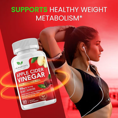 Pure 1950mg Apple Cider Vinegar Supplement | 180 Capsules | No Sour Taste | Pills for Healthy Metabolism, Bloating & Energy | Detox & Digestion Support| Non-GMO, Gluten Free | 100% Natural & Raw