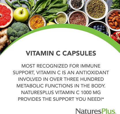 Natures Plus Vitamin C - 1000 mg Ascorbic Acid, 90 Vegetarian Capsules - High Potency Vascular & Immune Support Supplement, Antioxidant - Corn-Free, Gluten-Free - 90 Servings