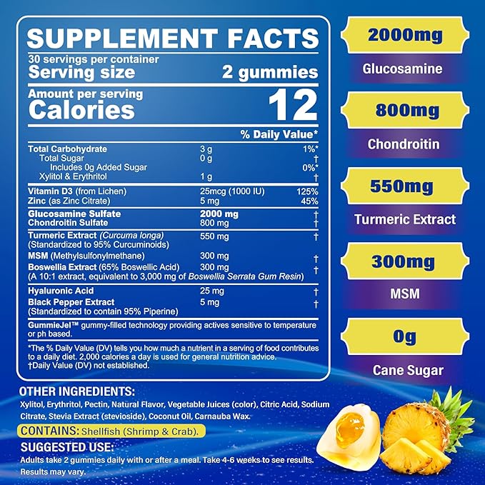 Sugar Free Glucosamine Chondroitin MSM Filled Gummies 3100mg - Joint Support Supplement - Plus Turmeric, Boswellia, Hyaluronic Acid & Vitamin D3, Mobility, Comfort, Flexibility & Bone Support, 60Cts