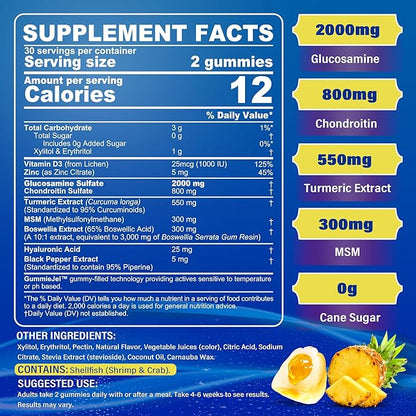 Sugar Free Glucosamine Chondroitin MSM Filled Gummies 3100mg - Joint Support Supplement - Plus Turmeric, Boswellia, Hyaluronic Acid & Vitamin D3, Mobility, Comfort, Flexibility & Bone Support, 60Cts