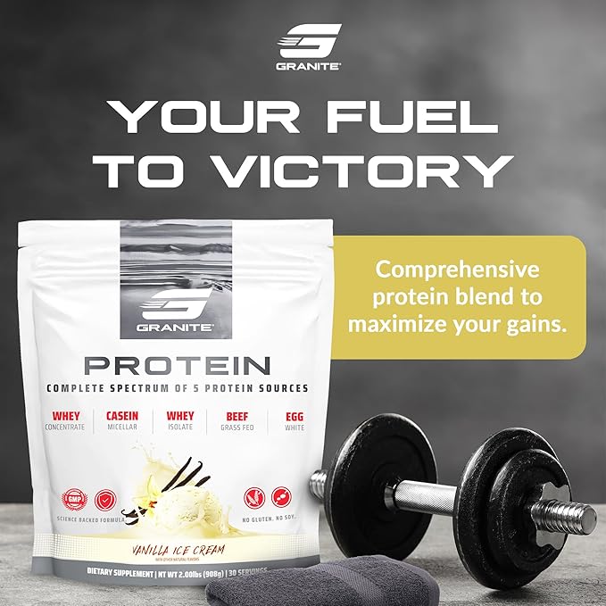 Granite Protein Powder | Whey Isolate & Concentrate| Casein for Lean Muscle Building & Workout Recovery | 30 Servings | Egg & Grass Fed Protein | 23g Protein from 5 Sources | Vanilla Flavor