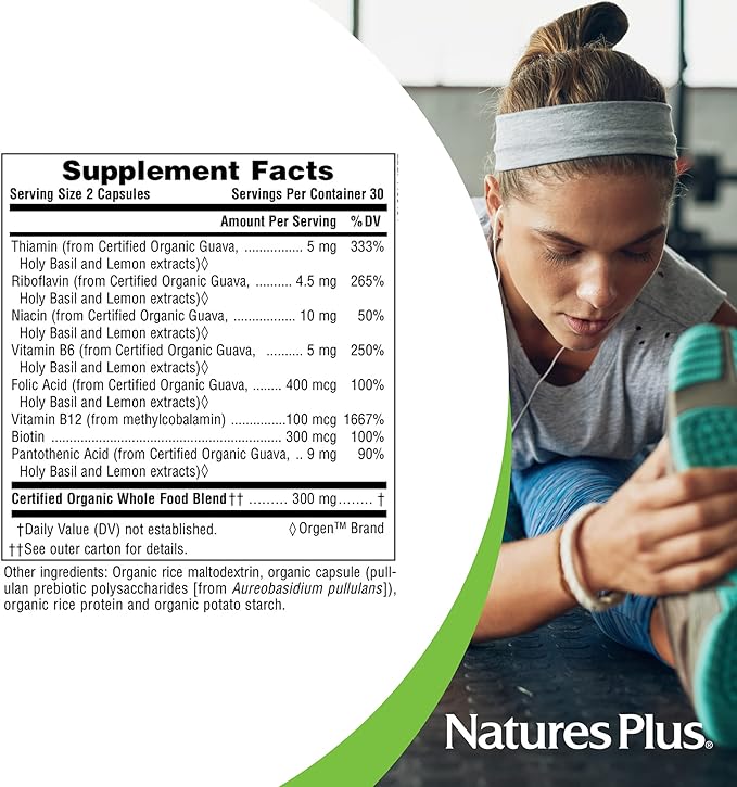 Natures Plus Source of Life Garden Certified Organic B Complex - 60 Vegan Capsules - Complete Vitamin B Supplement, Energy Booster - Vegetarian, Gluten-Free - 30 Servings