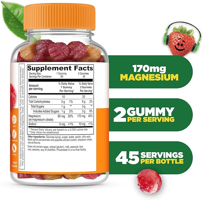 Lifeable Magnesium Gummies for Kids | 170mg Elemental Magnesium from 1,420mg Magnesium Citrate | Great Tasting Kids Magnesium Supplement | Muscle Support and Stress Relief Chewable | 90 Gummies