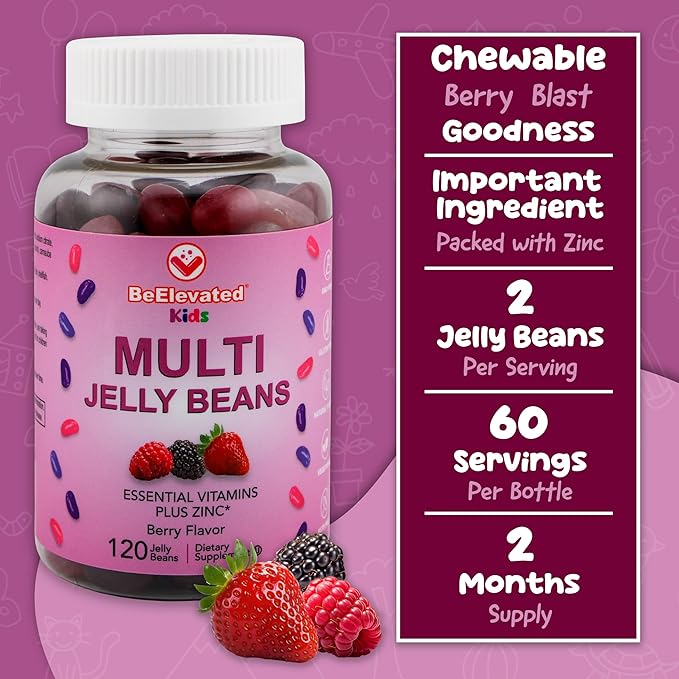 Multivitamin Jelly Beans - Chewable Vitamins Gummies with Zinc for Kids - Immune Support Vitamin Supplements - Vegetarian Multivitamins Gummy Supplement for Childrens - 120 Berry Beans