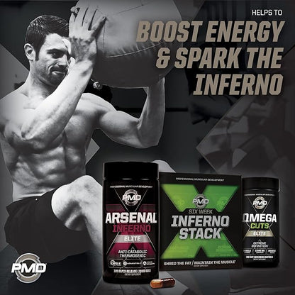 PMD Sports Six Week Inferno Stack - Maximum Strength Fat Burner and CLA Omega Fatty Acid to Lose Fat Fast and Increase Muscle Tone - Arsenal X Inferno/120 Liquid Gels, Omega Cuts Elite/180 Softgels