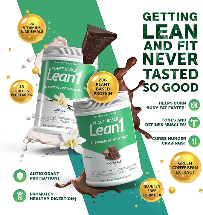 Lean1 Plant-Based Meal Replacement Protein Powder, Chocolate Flavor, 15-Serving Tub