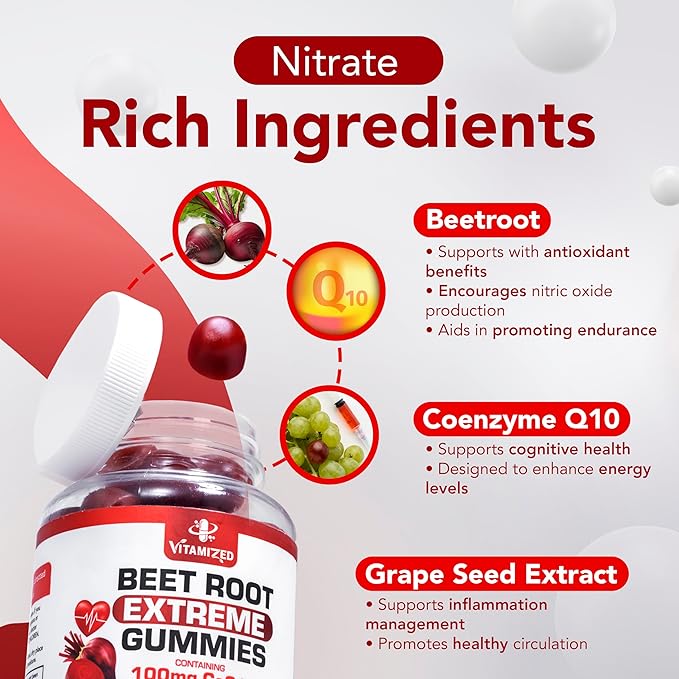 Extreme Beetroot Formula & COQ10 100mg with Grape Seed Extract, for Circulation Energy & Flow, 1500mg Beet Root Gummies Extract Gluten Free 60