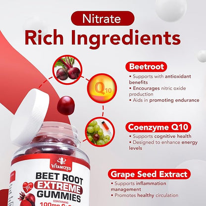 Extreme Beetroot Formula & COQ10 100mg with Grape Seed Extract, for Circulation Energy & Flow, 1500mg Beet Root Gummies Extract Gluten Free 60