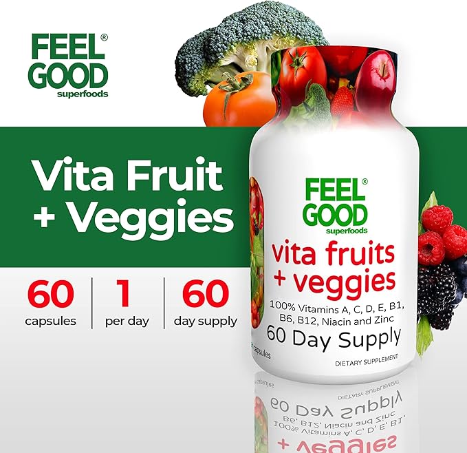 Vita Fruits and Veggies Capsules - 25 Superfood Ingredients, Fruit and Vegetable Multivitamin, 60 Count - For men and women - Vitamins A, C, D, E, B and Zinc