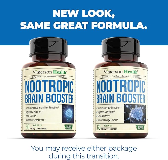 Nootropics Brain Support Supplement - Nootropic Brain Booster for Improved Focus, Concentration & Memory. Brain Nootropic for Brain Health, Mood & Energy Support. Non-GMO. Made in the USA. 60 Capsules