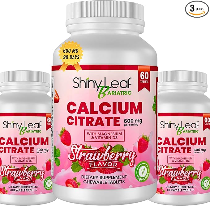 Shiny Leaf Bariatric Calcium Citrate 600mg - Supplement for Bariatric Surgery Patients, 180 Ct Chewable Tablets with Magnesium, Vitamin D3, Natural Strawberry Flavor, Vegetarian (3 Months)
