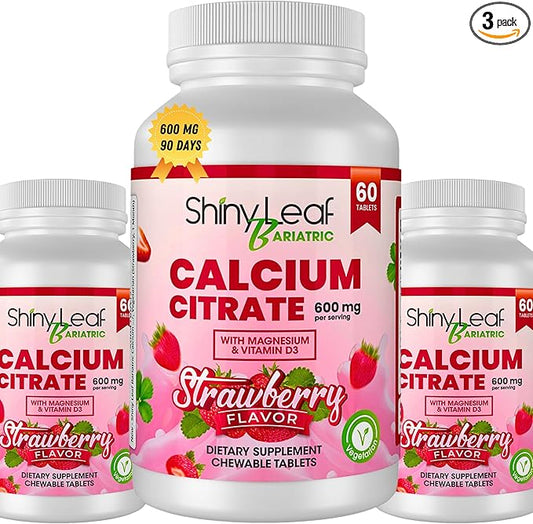 Shiny Leaf Bariatric Calcium Citrate 600mg - Supplement for Bariatric Surgery Patients, 180 Ct Chewable Tablets with Magnesium, Vitamin D3, Natural Strawberry Flavor, Vegetarian (3 Months)