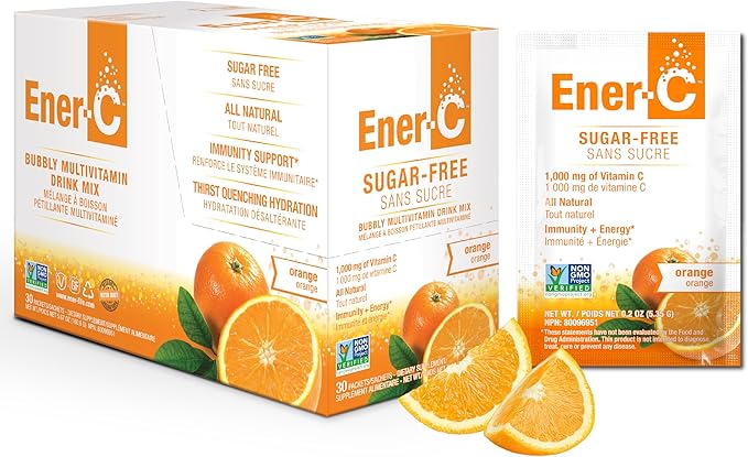 Ener-C Sugar Free Energy Orange Multivitamin Drink Mix Vitamin C 1000mg & Electrolytes - Natural Immunity Support with Real Fruit Juice Powders Non-GMO Vegan & Gluten Free - 30 Count