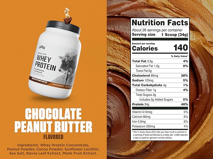 Levels Grass Fed Whey Protein Powder, No Artificials, 24G of Protein, Chocolate Peanut Butter, 2LB