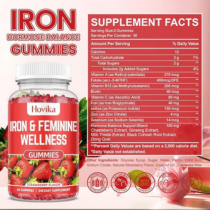 Iron for Women Gummies, 40mg Iron Supplement Anemia with multivitamin for Women, Zinc, Selenium, Iodine - for Iron Deficiency - Natural Hormonal Support for PMS, Strawberry Flavour, 2 Pack