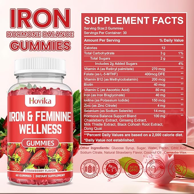 Iron for Women Gummies, 40mg Iron Supplement Anemia with multivitamin for Women, Zinc, Selenium, Iodine - for Iron Deficiency - Natural Hormonal Support for PMS, Strawberry Flavour, 60 Count