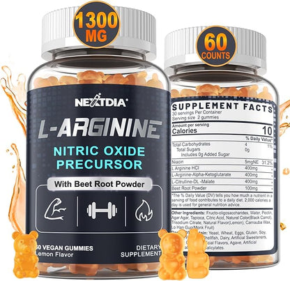 Sugar Free L Arginine Nitric Oxide Gummies 1300mg for Men & Women with L Citrulline, Beet Root, B3 | L Arginine L Citrulline Supplements for Performance, Muscle Growth & Recovery | Vegan, 60 Counts
