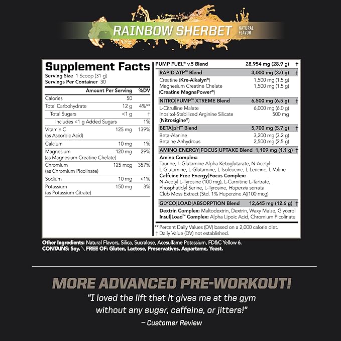 PMD Sports Ultra Pump Fuel Caffeine Free - Pre Workout Drink Mix - Energy, Strength, Endurance, Recovery Complex Carbohydrates and Amino Energy - Rockin Rainbow Sherbet (30 Servings)