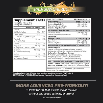 PMD Sports Ultra Pump Fuel Caffeine Free - Pre Workout Drink Mix - Energy, Strength, Endurance, Recovery Complex Carbohydrates and Amino Energy - Rockin Rainbow Sherbet (30 Servings)