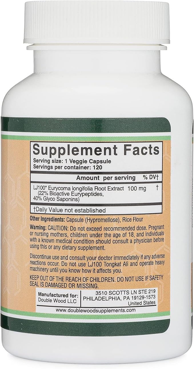 LJ100 Tongkat Ali for Men (120 Capsules) - Only Clinically Proven and Patented Men's Heath Supplement Tongkat Ali Formula (LJ100 Std to 40% Glycosaponins, 22% Eurypeptides) by Double Wood