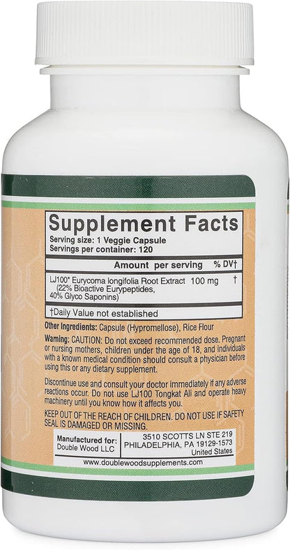 LJ100 Tongkat Ali for Men (120 Capsules) - Only Clinically Proven and Patented Men's Heath Supplement Tongkat Ali Formula (LJ100 Std to 40% Glycosaponins, 22% Eurypeptides) by Double Wood