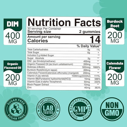 DIM Supplement Women 400mg, Estrogen Supplement for Women, Sugar Free DIM Gummies for Men & Women + Biotin, Flaxseed Oil, Burdock, Calendula, BioPerine for Hormone Balance, Menopause & Prostate 120Cts