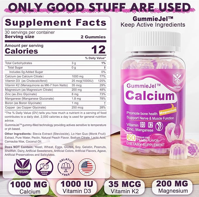 Sugar-Free Calcium Citrate Gummies 1000mg w/Vitamin D3 K2, Magnesium, Zinc, Boron, Manganese, Copper for Bone, Muscle & Immune, Ultimate Absorption Calcium Supplement for Women & Men - Vegan, 120 Cts