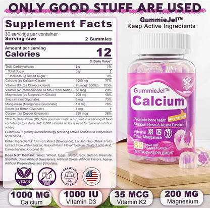 Sugar-Free Calcium Citrate Gummies 1000mg w/Vitamin D3 K2, Magnesium, Zinc, Boron, Manganese, Copper for Bone, Muscle & Immune, Ultimate Absorption Calcium Supplement for Women & Men - Vegan, 120 Cts