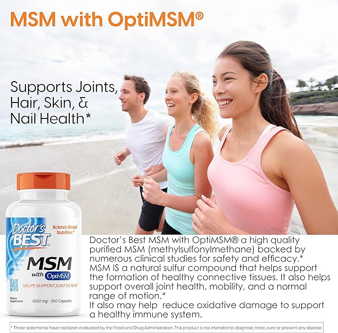 Doctor's Best MSM with OptiMSM, Joint Support, Immune System, Antioxidant and Protein-Building Role, Non-GMO, Gluten Free, 1000 mg, 360 Capsules