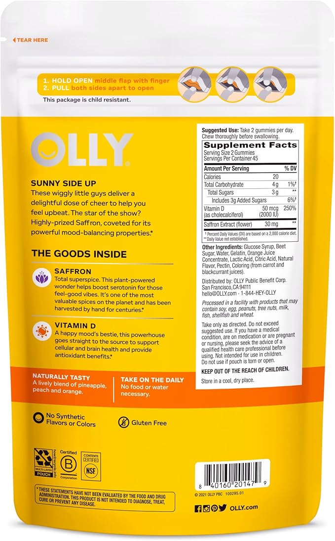 OLLY Hello Happy Gummy Worms, Mood Balance Support, Vitamin D, Saffron, Adult Chewable Supplement, Gluten Free, Tropical Zing - 90 Count