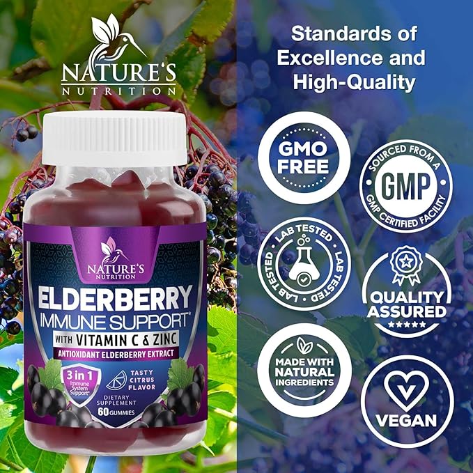 Immune Support Gummies - Powerful Sambucus Elderberry Gummies with Elderberry Extract, Zinc & Vitamin C Gummy, Max Potency Natural Vegan Immune Support Supplement for Adults & Children - 60 Gummies