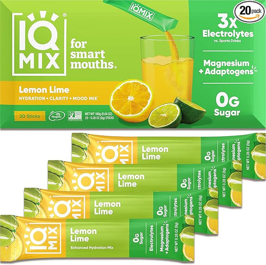 IQMIX Sugar Free Electrolytes Powder Packets - Hydration Supplement Drink Mix with Keto Electrolytes, Lions Mane, Magnesium L-Threonate, and Potassium Citrate - Lemon Lime (20 Count)