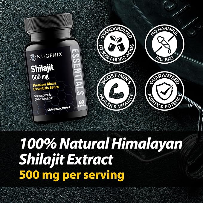 Nugenix Essentials Shilajit Capsules Supplement - 500mg, Standardized to 50% Fulvic Acids, Himalayan, Pure Shilajit for Men, 60 Capsules