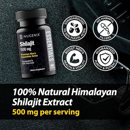 Nugenix Essentials Shilajit Capsules Supplement - 500mg, Standardized to 50% Fulvic Acids, Himalayan, Pure Shilajit for Men, 60 Capsules
