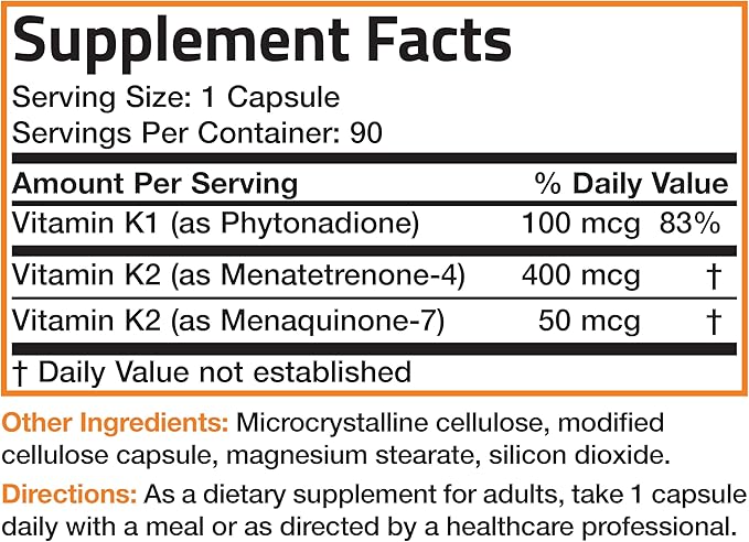 Bronson Vitamin K Triple Play (Vitamin K2 MK7 / Vitamin K2 MK4 / Vitamin K1) Full Spectrum Complex Vitamin K Supplement, 90 Capsules