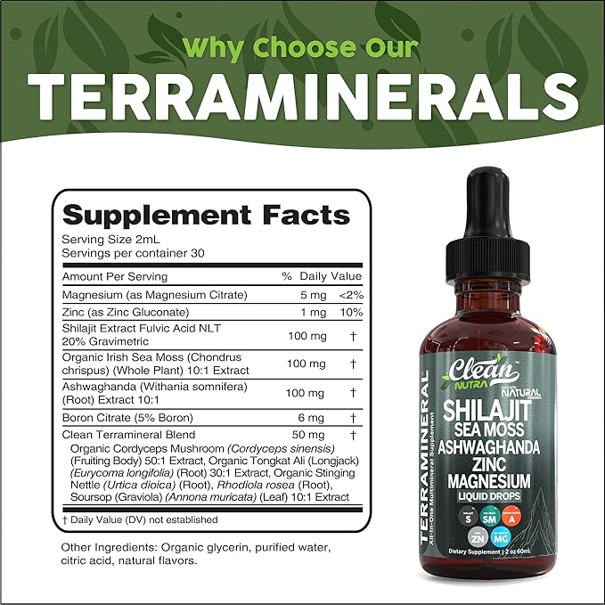 Shilajit Liquid Drops with Sea Moss, Ashwagandha, Zinc, Magnesium, Liquid Vitamins for Women and Men - Terra Mineral by Clean Nutra