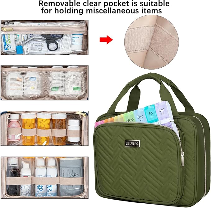 Leudes Travel Pill Bottle Organizer,Medicine Organizer and Storage,Home Medication Bag, Cases,Carrier for Pills,Vitamin,Fish Oil,Supplements for Women and Men (Large, Army Green)