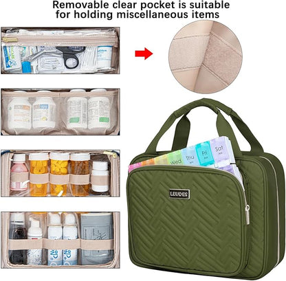 Leudes Travel Pill Bottle Organizer,Medicine Organizer and Storage,Home Medication Bag, Cases,Carrier for Pills,Vitamin,Fish Oil,Supplements for Women and Men (Large, Army Green)