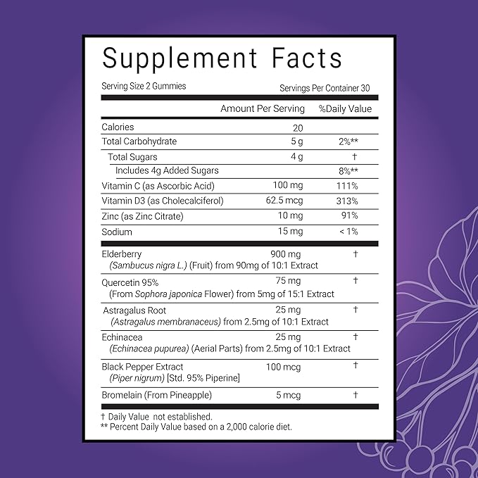 Travel Essential, Immune and Stress Support Gummy, Elderberry, Vitamin C, D, Zinc, Echinacea, Astragalus, Quercetin, Bromelain, Travel Immunity, Flight Essentials, 60ct