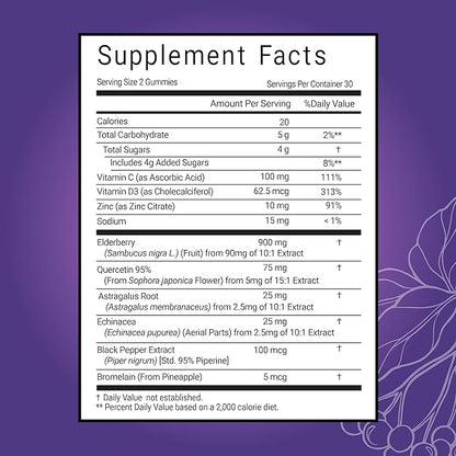 Travel Essential, Immune and Stress Support Gummy, Elderberry, Vitamin C, D, Zinc, Echinacea, Astragalus, Quercetin, Bromelain, Travel Immunity, Flight Essentials, 60ct