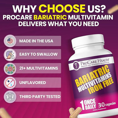 Procare Health Bariatric Multivitamin with Iron Free (30 Fast Dissolving Veggie Capsule) - Bariatric Vitamins for Gastric Sleeve & Gastric Bypass, Bariatric Multivitamin Without Iron (1 Month Supply)*